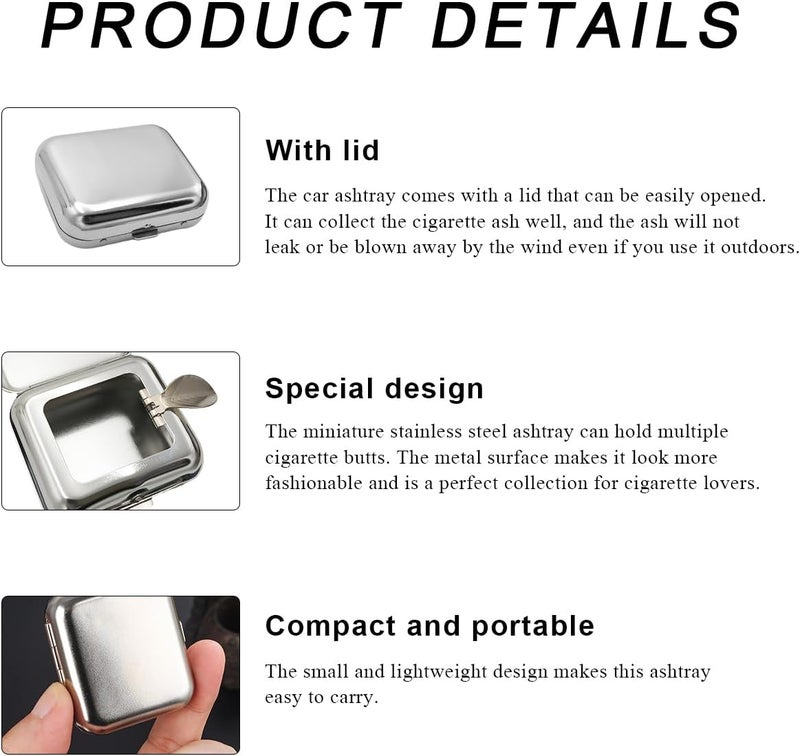 SHMZK Mini Portable Ashtrays, Metal Pocket Dustproof Car Ash Tray with Lid, Compact Square Windproof Car Cigar Ashtrays, Decorative Cigarette Snuffers Ashtray for Car Home Office (Gray) - Image 3